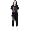 Damen Zweiteilige Hose 2 Teile/satz Frauen Top Set Kurzarm Dressing Up Schnell Trocknend Sommer Druck Mutter Mittleren Alters Outfit