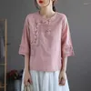 Chemisiers pour femmes rétro lin et coton Style ethnique boutonné à manches 5/4 T-shirt femmes 2023 été lourd artisanat broderie mode haut décontracté