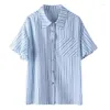 Bluzki damskie puszysty rękaw octany koszulka w paski Kobiet 2023 Summer Lapel Commuter Short Sleved Tops Shirts Bluzka