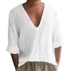 T-shirt da uomo Camicia a maniche lunghe in lino e cotone vintage Scollo a V estivo Top oversize traspirante Boho Style Beach Abbigliamento da uomo bello