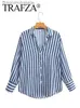 Kobiety damskie bluzki Trafza Stripe Stripe Long Sle Bluzka Vintage Top Top Y2K Loose Street Shirts Spring Nowa moda guzika satynowa koszula Blousel231130