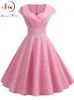 Robes de soirée rose été femmes col en V grande balançoire Vintage Robe Femme élégant rétro pin up bureau Midi 230428