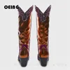 Boots Women Multicolor Western Cowboy Boots Crystal- Empelled Patchwork Knee High Boots Female Pointy Toe Block Heels Slip-On Botas 231129