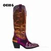 Boots Women Multicolor Western Cowboy Boots Crystal- Empelled Patchwork Knee High Boots Female Pointy Toe Block Heels Slip-On Botas 231129