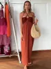 Basic Casual Dresses Light Coffee Knitted Bust Beads Neck-mounted Long Dress Off Shoulder Backless Sexy Halter Vestidos Beach Vacation Lady Chic Robe 231129