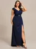 Party Dresses Plus Evening Cap Sleeve Side Split High Elasticity Floor-Length 2023 Of BAZIIINGAAA Navy Blue Mother The Bride Dress