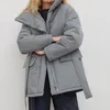 Casacos de trincheira femininos moda inverno parkas elegante 2023 zip-up gola alta cintura bandagem túnicas algodão cinza jaqueta longa com cinto