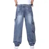 Mäns jeans hiphop män bred ben ljus blå denim byxor sida klaffficka 2024 män lös retro blekt streetwear