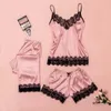 Vêtements de nuit pour femmes, haut mignon, col en v, short, sans manches, en Satin, camisole Sexy et Lingerie en dentelle, vêtements de maison, ensemble noir