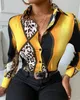 Women's Blouses Cheetah Print Colorblock Buttoned Long Sleeve Shirt Turn-down Collar Shirts Girls