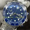 Mens Automatic Chronograph Watch 9900 Movement Men 44mm Blue Dial Ceramic Bezel Stainless Steel Bracelet Rubber Strap Chrono Sport Mechanical Watches