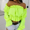 Kvinnors polos 2023 Fashion Womens Chiffon Long Puff Sleeve Off Shoulder Crop Tops Blusar Loose Casual Lady Sexy Corp Top