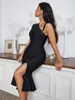 Casual Dresses 2023 Summer Bodycon Asymmetric Bandage Dress Women Black Elegant High midje Mermaid Midi Celebrity Evening Club Party