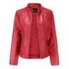 Damen Leder Faux Jacke Frauen Reißverschlüsse Frühling Herbst PU Mandarin Kragen Rot Motor Biker Mantel Weibliche Übergroßen 231129