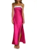 Lässige Kleider Damen Rückenfrei Split Midi Schlauchkleid Elegant Satin Schulterfrei Ärmellos Strass Wrap Party Figurbetont