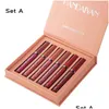 Lipgloss Handaiyan Vloeibare Matte Lipstick Long Last Lipgloss Set Mett Langdurige Non-stick Cup Natuurlijke Make-up Lipgloss Kit Drop Del Dhnra