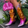 Botas moda mujer vaquero para tacones gruesos metal colorido vaquera occidental media pantorrilla mujer zapatos vintage talla grande 231130