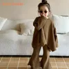 Clothing Sets Bear Leader Children s Set 2023 Autumn Girls Solid Loose Round Neck Cape Top Flare Pants 2 Piece Fashion 231130