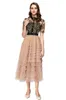 Women's Runway Dresses O Neck Short Sleeves Embroidery Lace Boide Patchwork Fashion Designer Vestidos