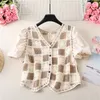 Women's Blouses Short Sleeves Hollows Shirt Chiffon Loose Fit Tops Knitted Check Pattern Shirts Cute Sweet Style For Daily 10CD
