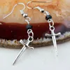 Dangle Earrings Sword Cross For Women Punk Gothic Silver Color Black Crystal Drop Ear Rings Simple Goth Accessories Jewelry Gift VGE171