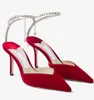 Sapatos de sandálias de verão marca de luxo Saeda com corrente de cristal salto agulha vermelho branco dourado vestido de noiva bombas senhora elegante gladiador sandalias