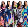 Casual Dresses African Style Long Sleeve Deep V-hals Hög midja plus storlek klänning tryckt eleganta kvinnor Boho Maxi Chiffon