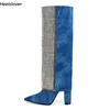 Heelslover Europäische Damen-Winter-Kniestiefel mit Strasssteinen, klobige Absätze, spitze Zehen, hübsche blaue Partyschuhe, Damen, US-Größe 5–13