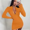 Casual Kleider Frauen Winter Herbst Bodycon Rippen Kleid Stehkragen Reißverschluss Tiefer Vneck Solide Stretch Bodycon Bleistift Party Mini Vestido 230131