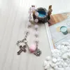 Link Bracelets Religious Catholic Pink Crystal Prayer Beads Chain Rosary Bracelet Cross Rose Charms Jewelry Baptism Confirmation Gifts