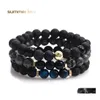Beaded Strands 3Pcs/Set Fashion 8Mm Black Lava Bead Elastic Bracelets Natural Tiger Eyes Glass Bracelet For Men Women Jewelry Gift Otqgs
