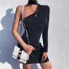 Casual Dresses Fashion Women Ladies Sexy Mini Dress Round Neck Long Sleeve One Shoulder Stylish Clubwear Shiny Party Elegant