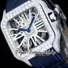 TWF TWW0007 ZWISSE RONDA 4S20 QUARTZ MENS WATCH VOLLEDIG ICTED Big Diamonds Bezel Romeinse Markers Skelet wijzerplaat Blue Leather Strap 2023 Super Edition Eternity Watches