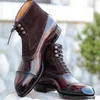 Buty Mężczyźni Krótki brązowy stado koronkowe Kwadratowe palce ręcznie robione biznesowe buty na kostki z zapatos hombre 230201