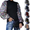 Kvinnors tshirt blusar Fashion Autumn Winter Mock Neck Sequin Patchwork Long Puff Sleeve Blus Shirt Top 230131