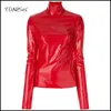 Women's T Shirts Women Vintage Latex Leather High Neck Tops Black Highstreet Turtleneck Warm Pullover Long Sleeve Red PU Zipper Shirt Custom