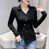 Damen T-Shirts #8010 Schwarz Rot Khaki Kurze Hemdknöpfe Unregelmäßige weibliche Baumwolle Vintage Sexy Slim Damen T-Shirt Umlegekragen