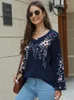 Kvinnors blusar Khalee Yose Navy Floral Embroidery Blus Shirt Cotton Summer Mexican Long Sleeve Women 2xl 3xl Ethnic Ladies Tops