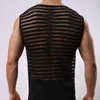 Men's Tank Tops Men Top Mesh See-Through Stripe Bodybuilding Vest Fashion Sexy O-Neck Sleeveless Undershirt Tees