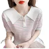 Women's Sweaters Striped Ice Knit Woman 2023 Summer Thin Style Age-reducing Baby Collar Short Sleeve T-shirt Top Casual Versatile 9 ColorsWo