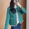 レディースジャケットシックなデザインスパンコールグリーン格子縞のツイードジャケット女性韓国ファッションボタンショートコートビンテージラグジュアリーチャッケタデミュージャー230131