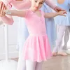 Stage Wear Kids Girls Ballet Body Dancewear Chiffon Wrap Skirt Set Cotton Short Sleeves Dance Class Ginnastica Ballerina Abbigliamento