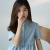 Girl's ES 2022 Nya sommar barnkläder barn rutiga flickor bomullsknapp tonårsskjorta klänning mjuk preppy stil #6078 0131