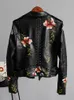 Женская кожаная искусство Ly Varey Lin Floral Print Вышивка мягкая куртка Women Pu Motorcycle Poat Женская черная панк -заклепка верхняя одежда 230131