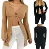 Women's Polos Women Solid Color Mid-Length Coat Casual Fashion Sexy Button V-Neck Long Sleeve Umbilical Cord Bare Jacket