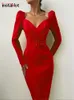 Casual Dresses Insta Elegant Party Women Dress Slim V Neck Long Sleeve Mid Calf Pencil Dress Casual Office Lady Solid Red Puff Sleeve 230131