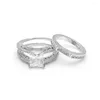 Fedi nuziali Hainon Luxury Silver Color Ring Set 2 PCS Bijoux Full African Crystal Square Stone Regali romantici
