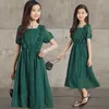 Girl's Floral Elegant Dark Green Teen Girls Dress Summer Ruched Cute Mid Long Kids Dresses Chiffon Children Clothing #6301 0131