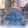 Vestidos de menina suspensórios azuis acinzentados Flower Lace Chiffon Kids Wear Formal for Wedding Party Communion