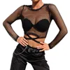 Kvinnors T -skjortor BKLD Kvinnor Solid Mesh Top Sexig svart långärmad perspektiv Fishnet Crop Topps Summer Streetwear